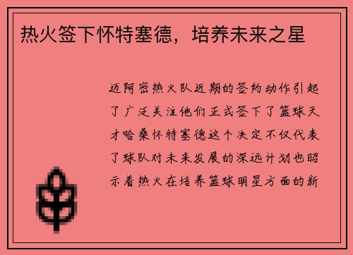 热火签下怀特塞德，培养未来之星